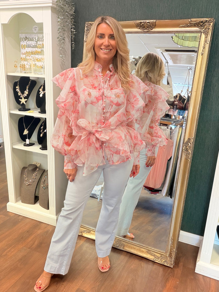 Ladies Sheer Pink Frill Blouse Top