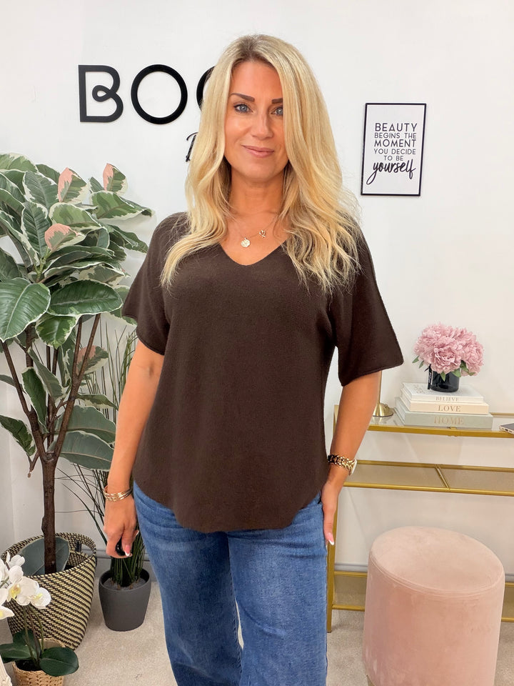 Ladies Fashion Short Sleeve V Neck Jumper brown