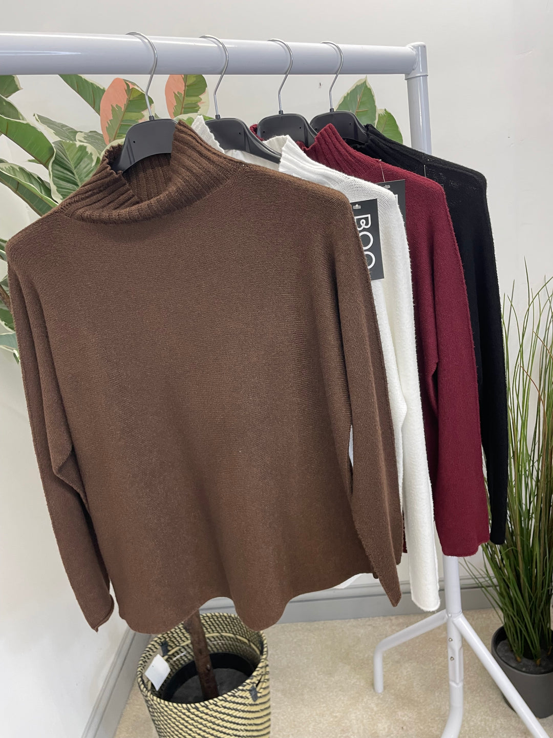 LADIES TURTLE NECK SOFT KNIT JUMPER - BROWN, BLACK, BERRY & WHITE