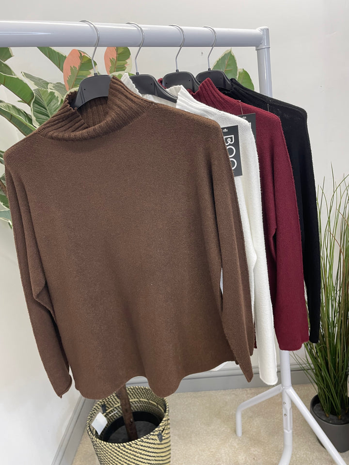 LADIES TURTLE NECK SOFT KNIT JUMPER - BROWN, BLACK, BERRY & WHITE