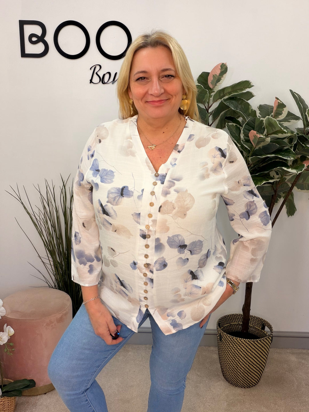 Ladies Fashion Pretty White & Blue Leaf Print blouse top