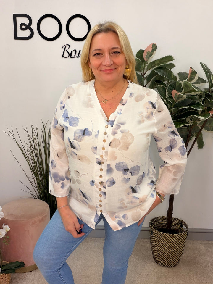 Ladies Fashion Pretty White & Blue Leaf Print blouse top