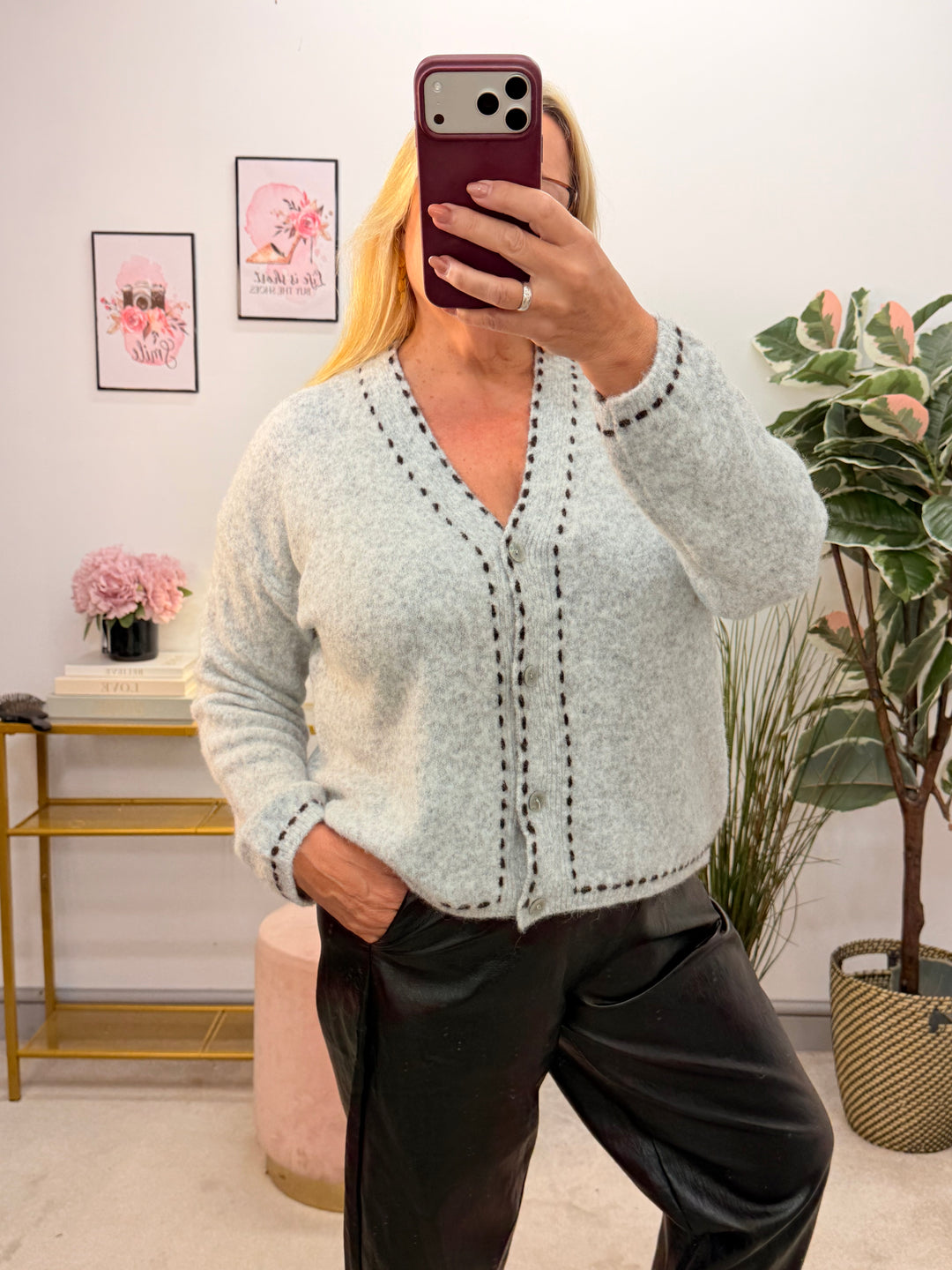 Ladies Fashion Slouch Knitted Cardigan - Black, Grey & Pink