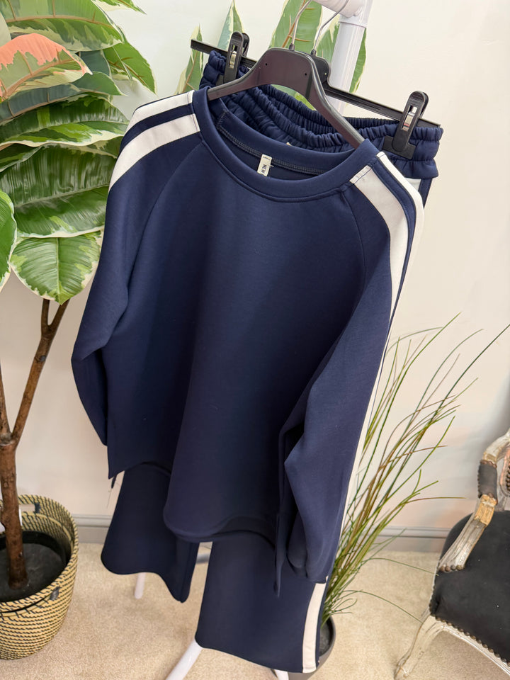 Ladies Fashion Wide Leg Tracksuit co ord set navy