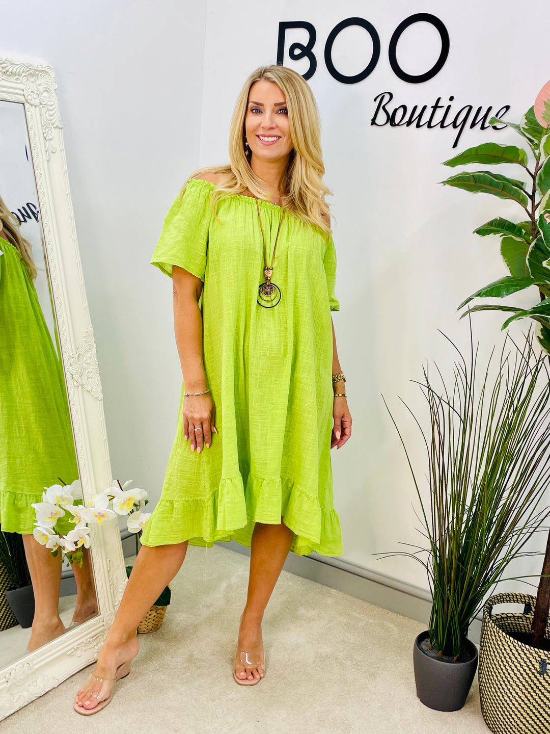 LADIES COTTON SUMMER BARDOT DRESS - BLACK, NAVY, PINK, LEMON, ORANGE, BLUE & LIME