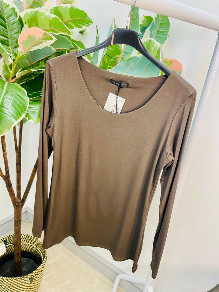 LADIES LONG SLEEVE BASIC TOP - WHITE, BLACK, NAVY, KHAKI, BROWN, GREY, BEIGE