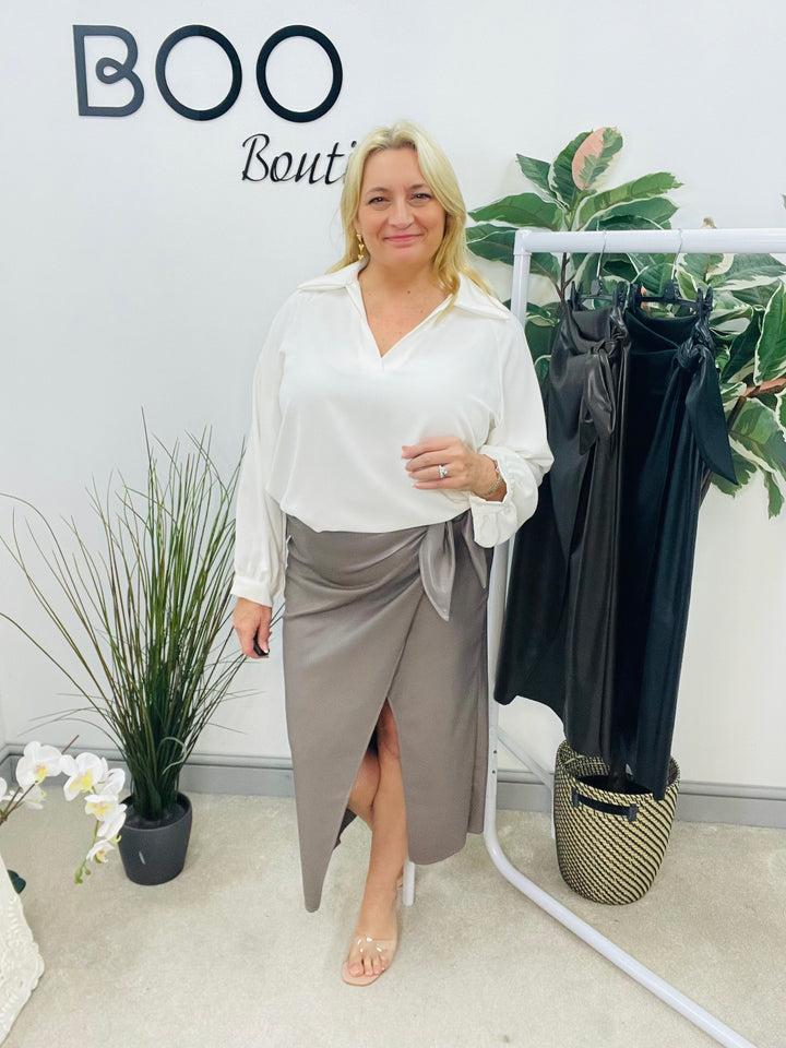 LADIES FAUX LEATHER PLEATHER VEGAN SKIRT - BLACK, BROWN & TAUPE