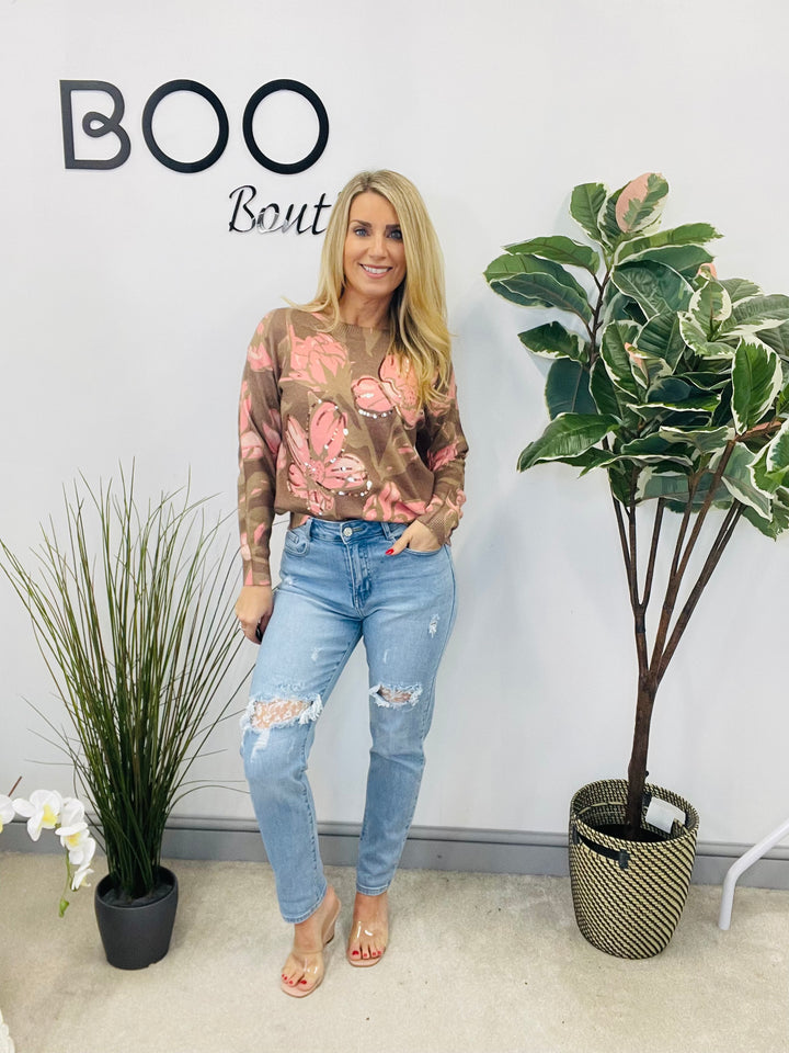 LADIES BROWN & PINK SEQUIN JUMPER