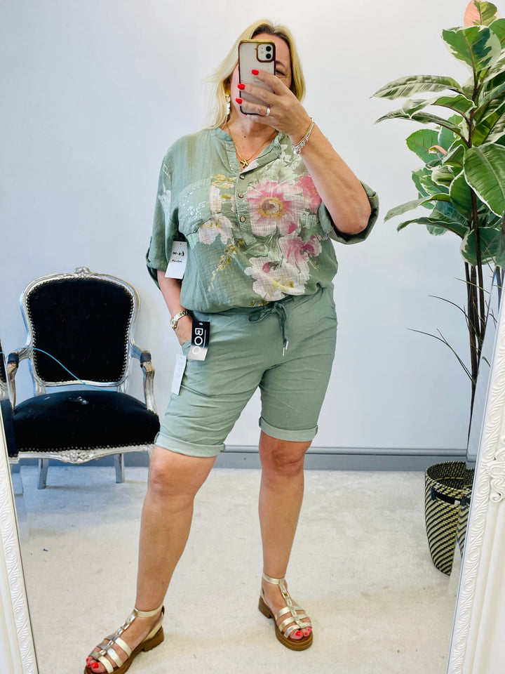 LADIES LIGHT LINEN FLORAL SUMMER TOP - PINK, WHITE, KHAKI, NAVY, YELLOW