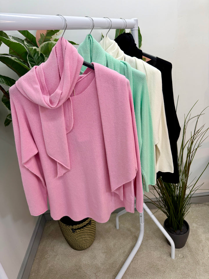 LADIES KNITTED JUMPER & SCARF SET - PINK, BLACK, WHITE & MINT