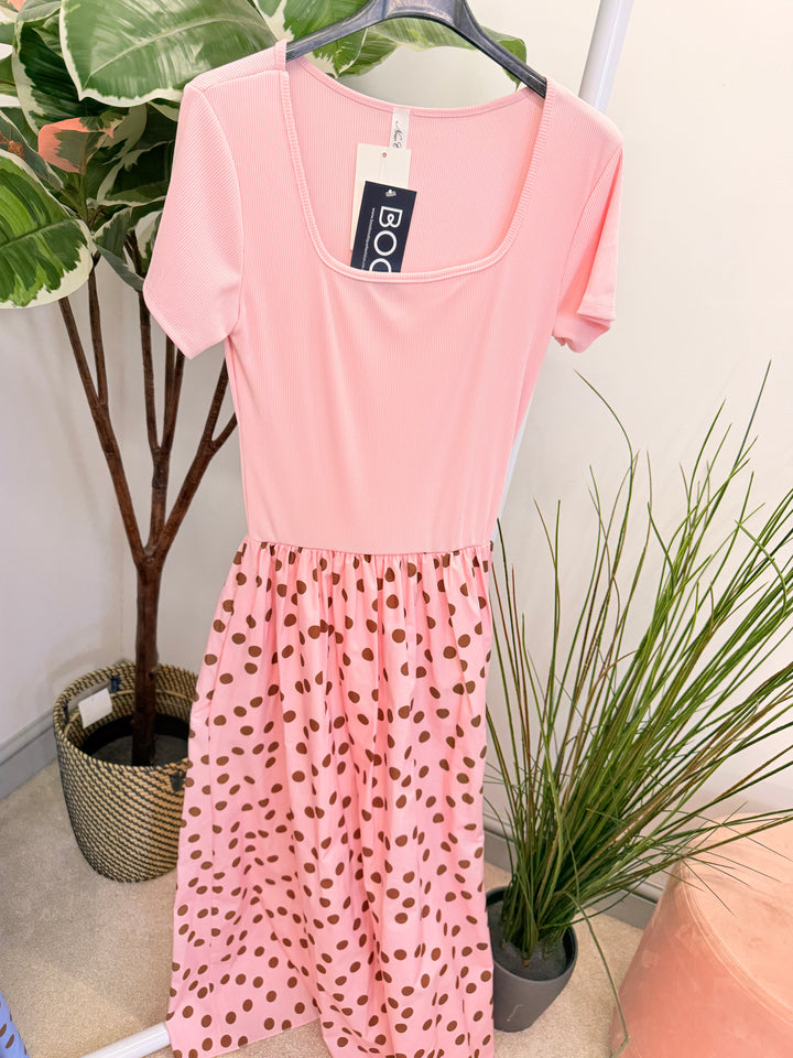 Ladies Fashion T Shirt Polka Dot Midi Dress - Blue, Pink, Black & Lemon