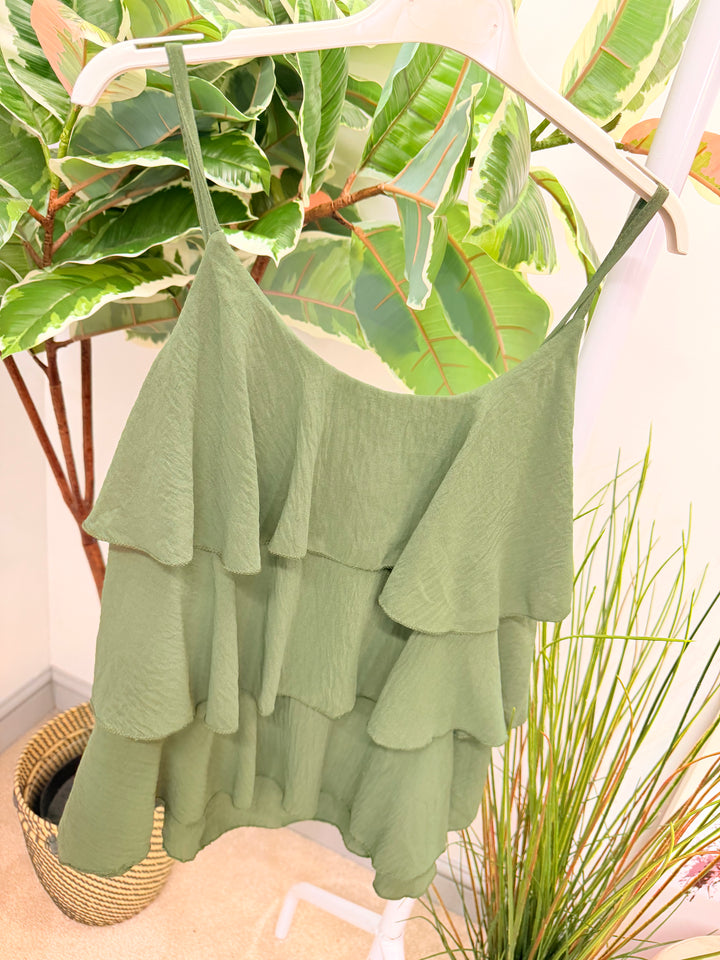Ladies Frill Strappy Cami Top - Rust, Brown, Pale Blue, Khaki & Navy