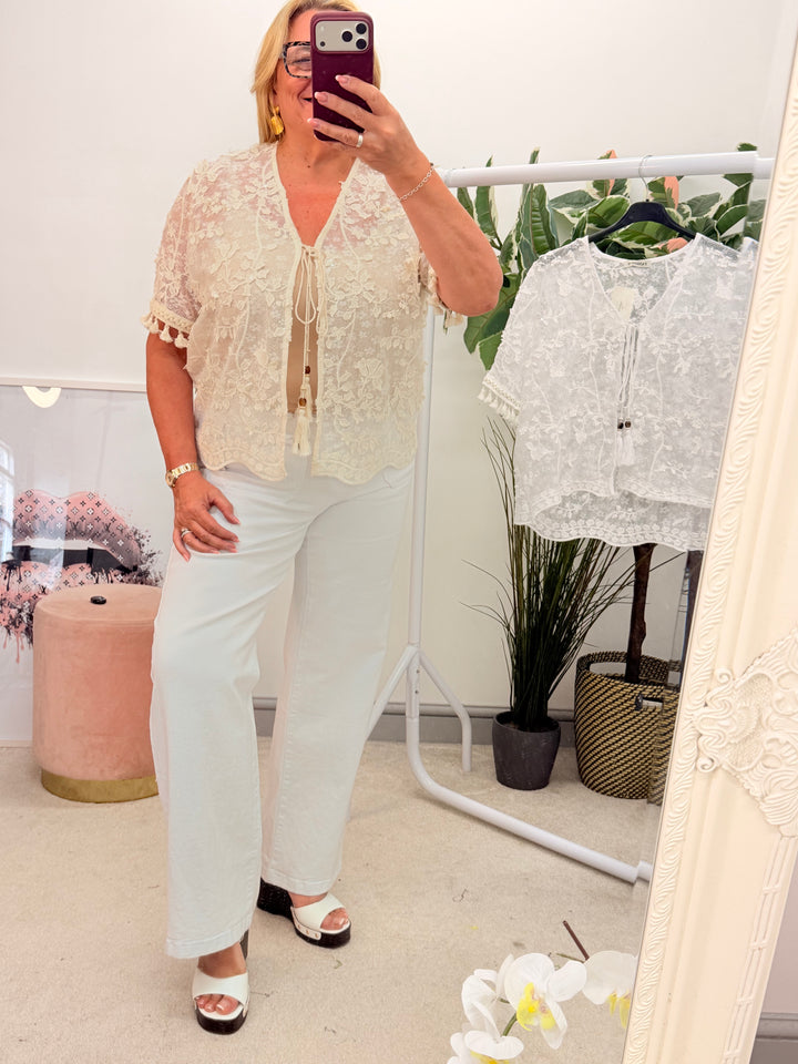 Ladies Fashion Sheer Sparkly Bolero Cardigan - white and Beige