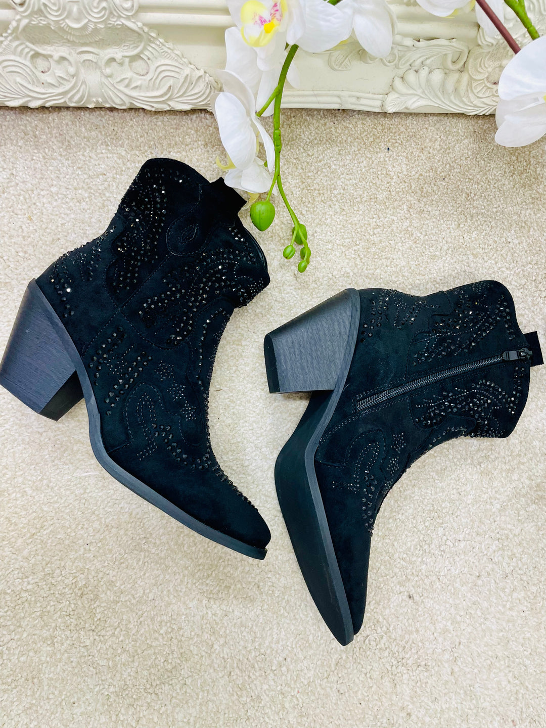 BLACK DIAMANTÉ COWBOY BOOTS ( 3258 )