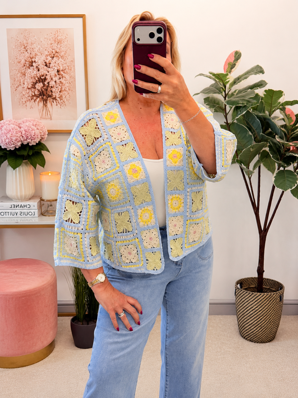 Ladies Bolero Crochet Cardigan - Lemon & Blue
