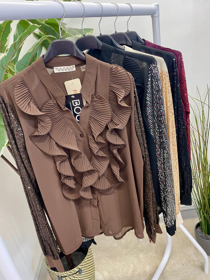 LADIES SEQUIN ARM FRILL BLOUSE - BLACK, SILVER, BERRY, BEIGE & BROWN
