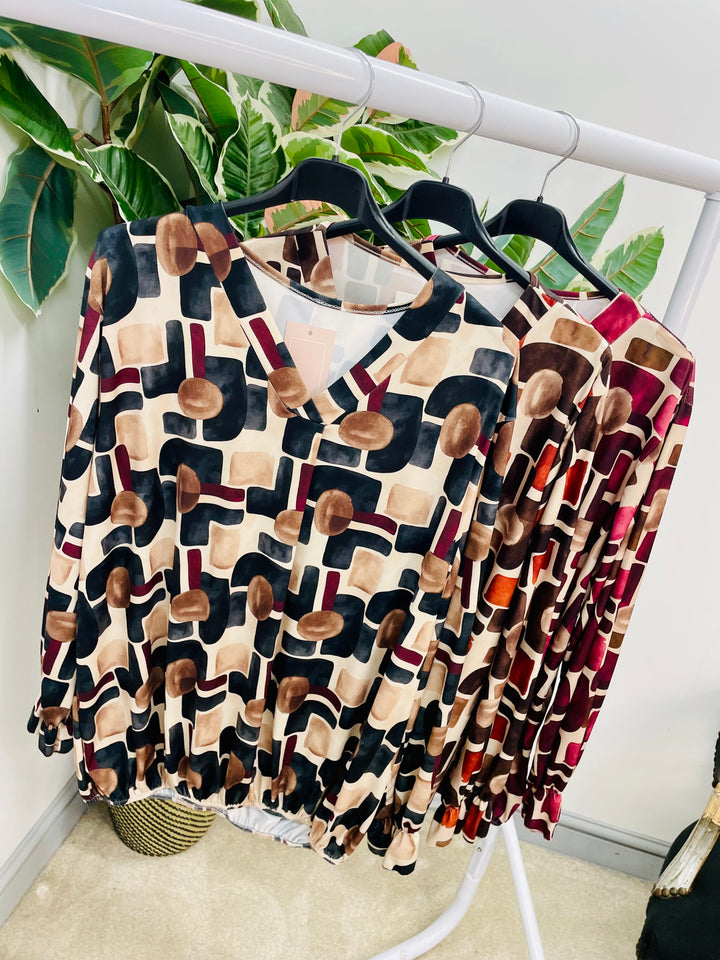 LADIES RETRO PRINT TOP BLOUSE - BLACK, BROWN, BURGUNDY