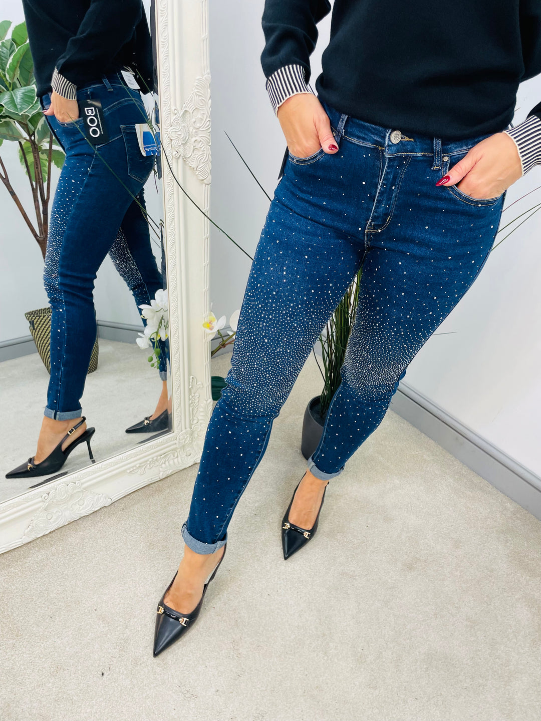 LADIES DIAMANTE SPARKLY BLUE SKINNY JEANS