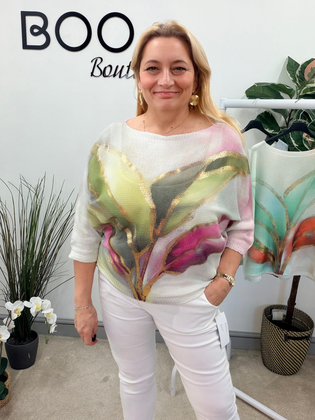 LADIES WHITE BATWING SLEEVE JUMPER - KHAKI, BLUE & GREEN