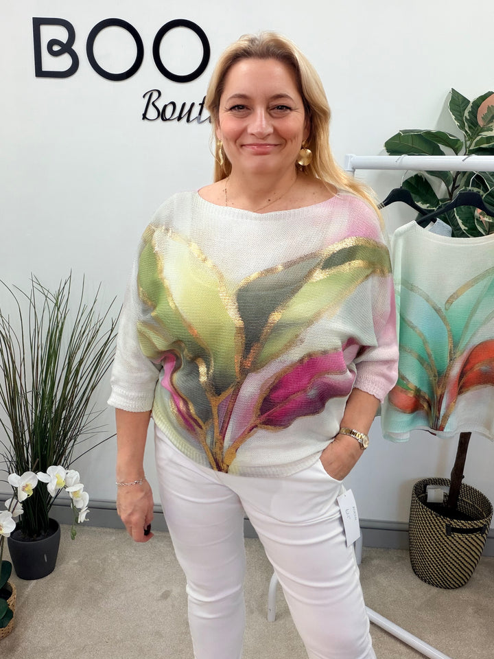 LADIES WHITE BATWING SLEEVE JUMPER - KHAKI, BLUE & GREEN