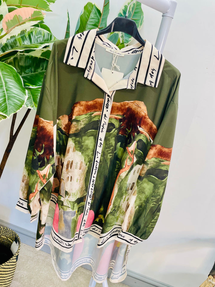 LADIES SATIN OVERSIZE AMALFI PRINT SHIRT - KHAKI & CREAM