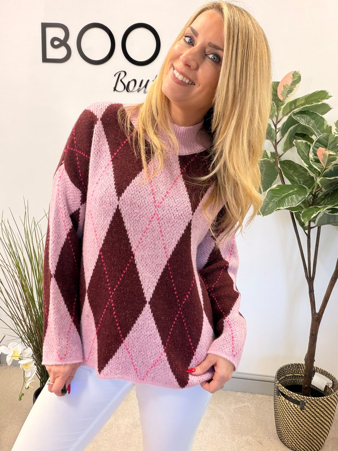 LADIES FASHION ARGYLE KNIT JUMPER - BERRY, PINK, GREY, PURPLE