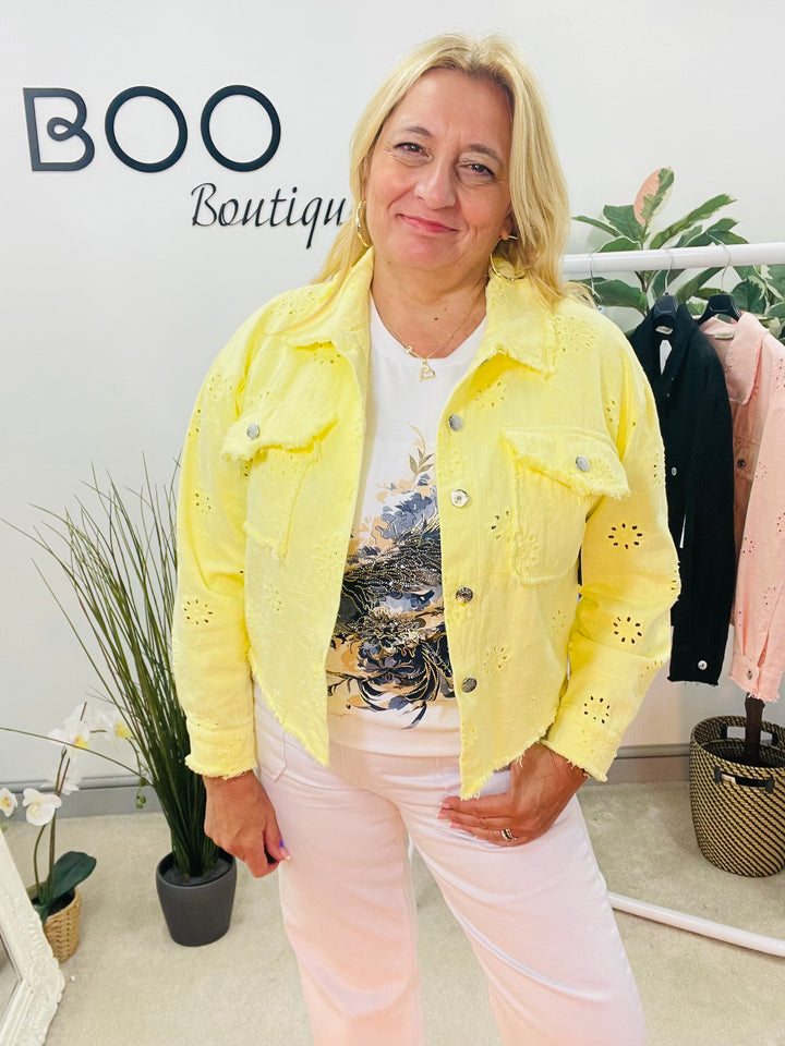 LADIES WOMENS BRIGHT YELLOW BRODERIE ANGLAISE COTTON DENIM JACKET