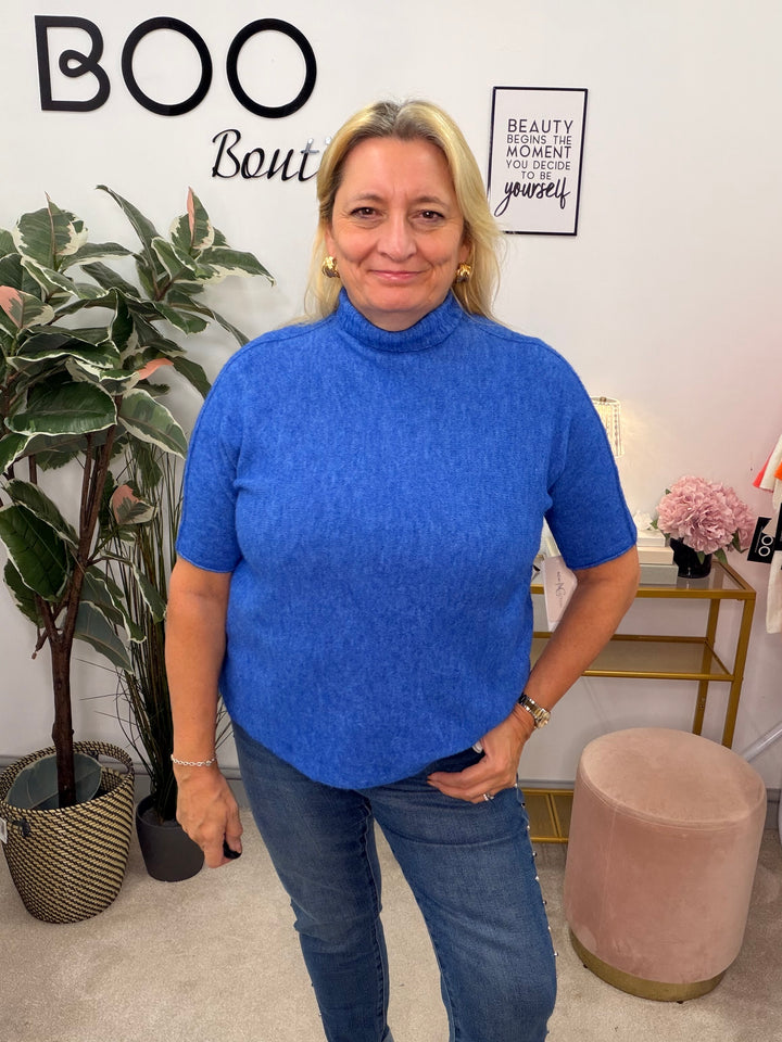 Ladies Fashion High Neck Soft Knit Short Sleeve Jumper cobalt blue