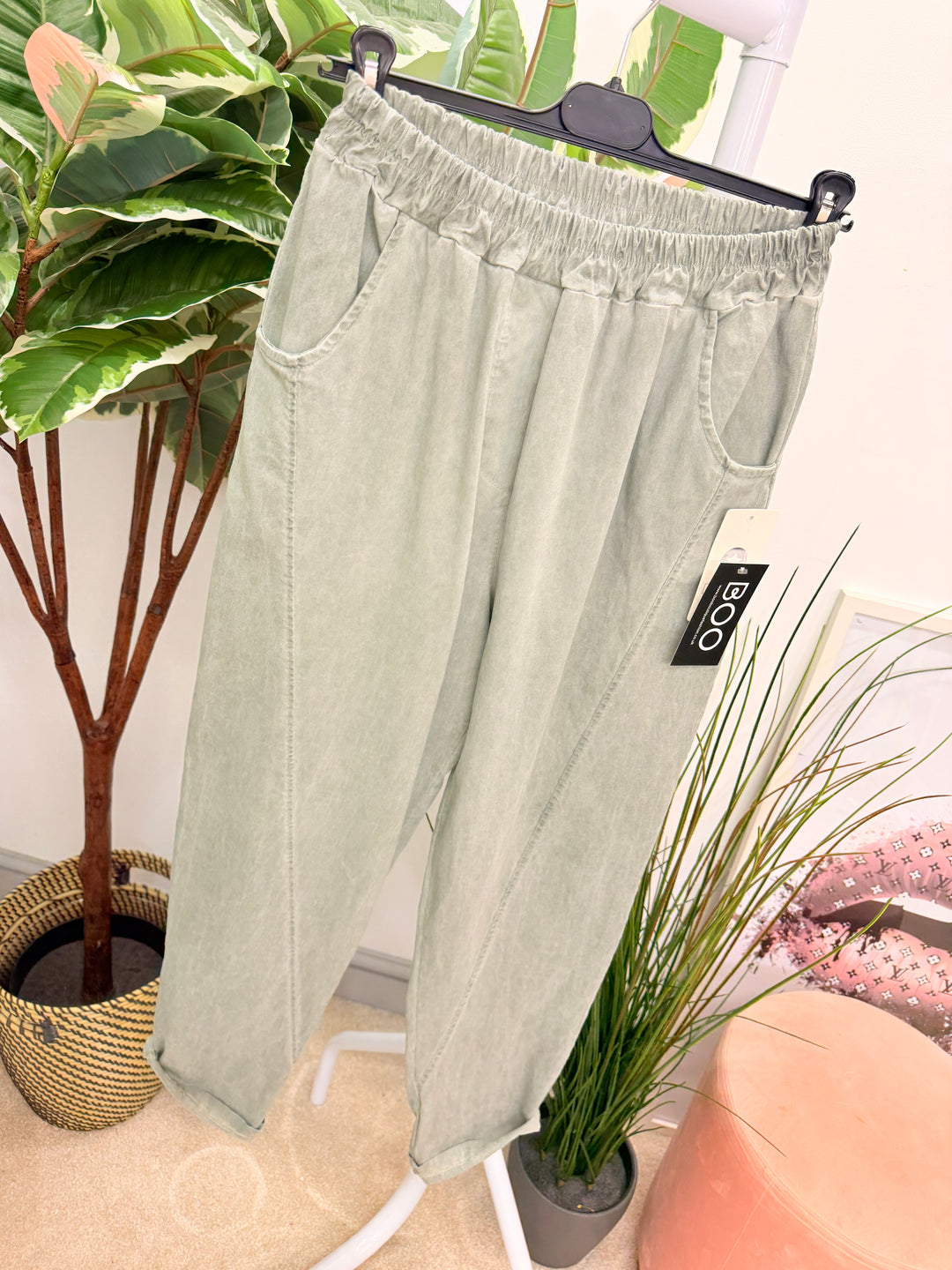 Ladies Fashion Stretch Balloon Leg Magic Trousers - White, Khaki, Denim & Lime