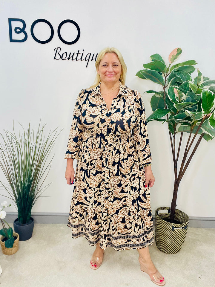 LADIES NAVY PAISLEY PRINT SHIRT AUTUMN MAXI DRESS