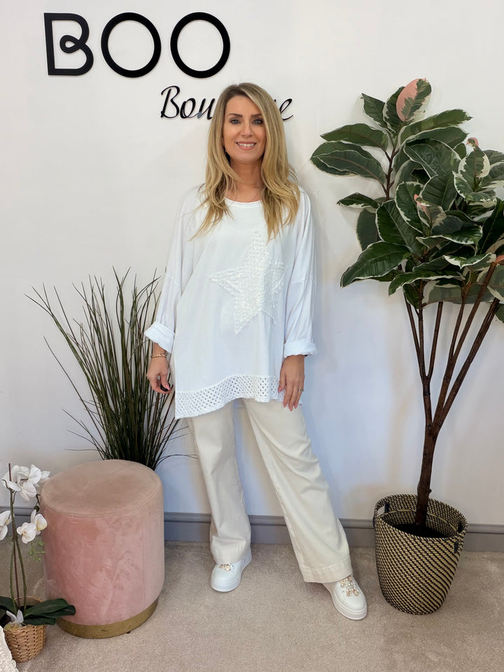 Ladies Fashion Oversize Star Sweatshirt style Top - black, white, pink, raspberry & grey