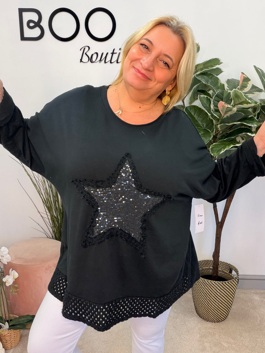 Ladies Fashion Oversize Star Sweatshirt style Top - black, white, pink, raspberry & grey