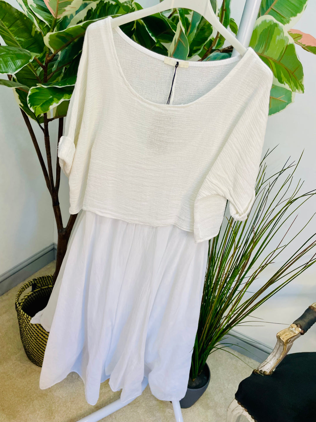 LADIES SUMMER HANKERCHIEF DRESS & CROP TOP SET - ORANGE, WHITE & BEIGE