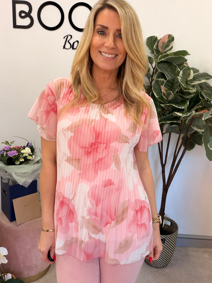 Ladies Fashion Floral Print Pleated Chiffon Blouse Top - pink, white, blue & lemon