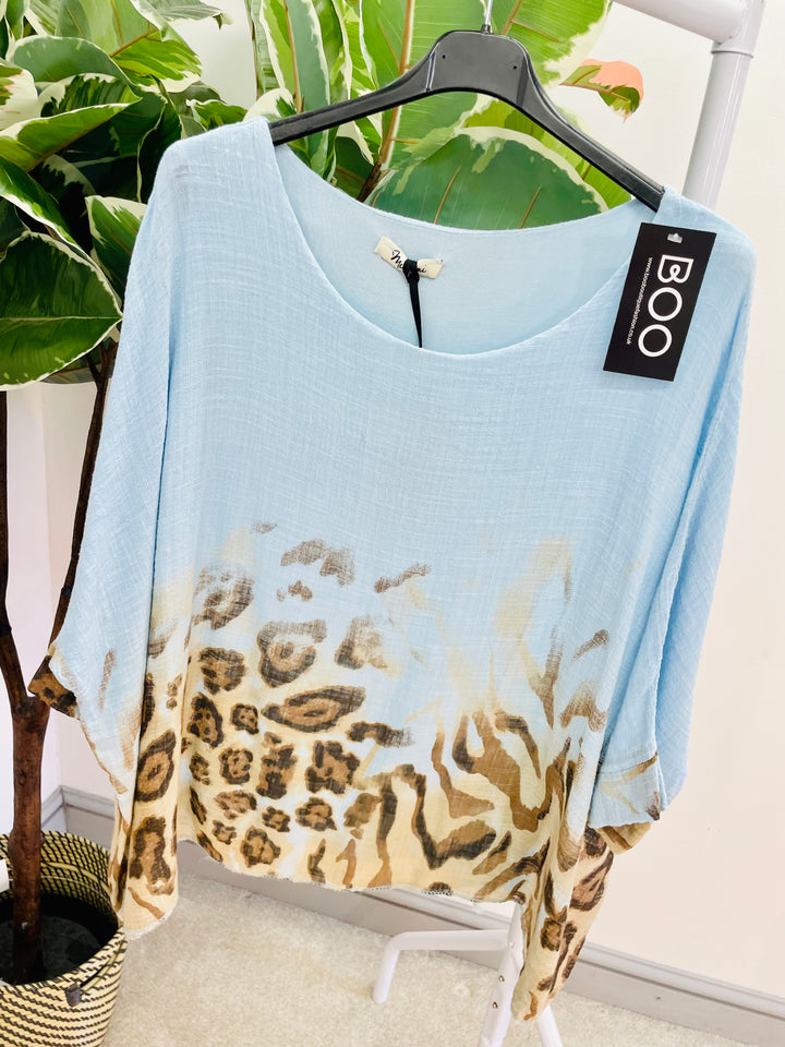LADIES WOMENS LOOSE FIT ANIMAL LEOPARD PRINT SUMMER TOP - PINK, WHITE, BLUE