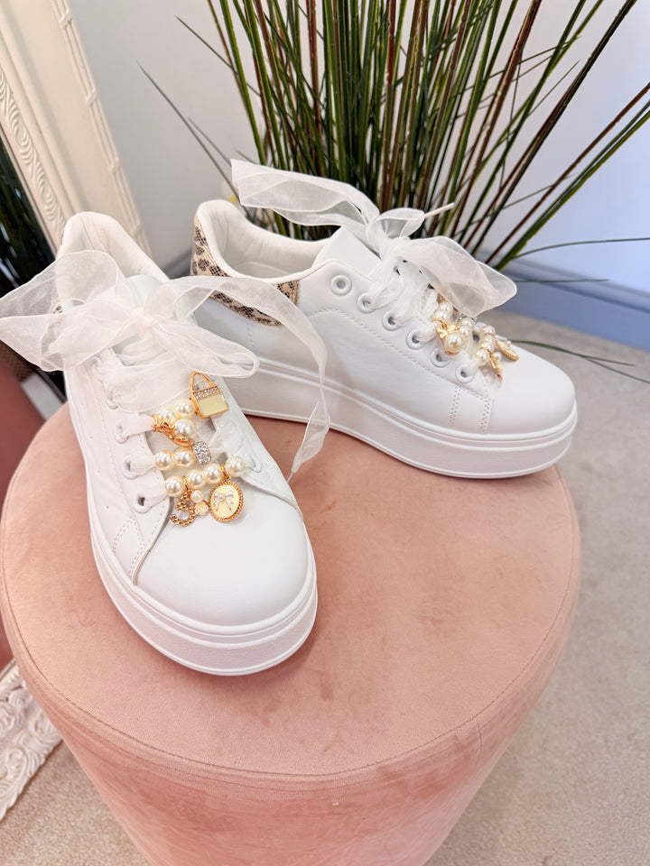 Ladies Fashion White Charm Flatform Trainers