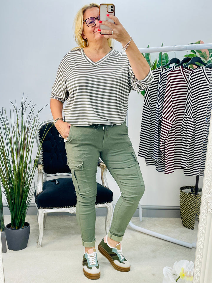 LADIES CASUAL STRIPE LOOSE FIT TOP - KHAKI, NAVY, WINE, BLACK & BROWN