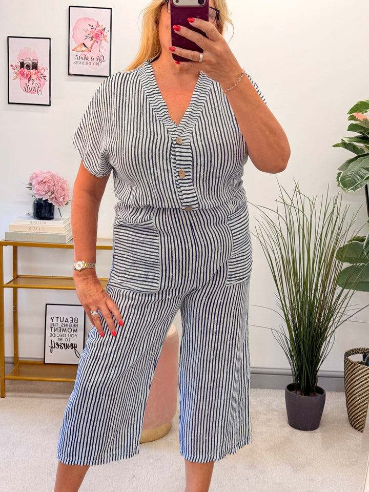 Ladies Linen Pinstripe Cropped Leg Jumpsuit - White, Navy & Beige