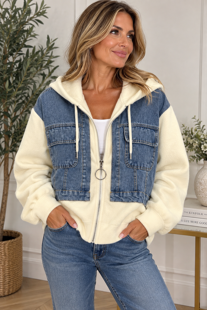 The JAZZ cream knit blue denim hoodie jacket