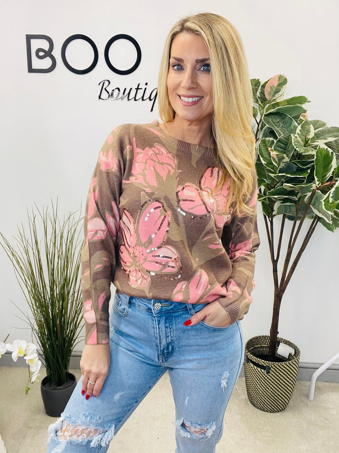 LADIES BROWN & PINK SEQUIN JUMPER