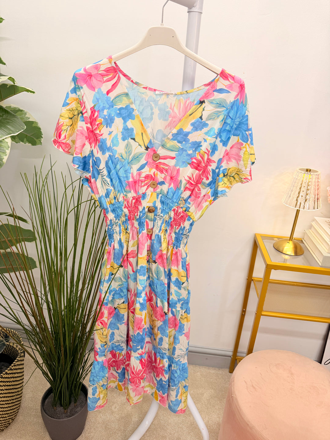 Ladies Floral Print Summer Magic Dress - Blue, Turquoise, Yellow & Green