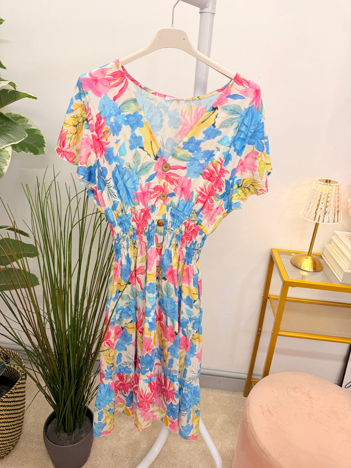 Ladies Floral Print Summer Magic Dress - Blue, Turquoise, Yellow & Green