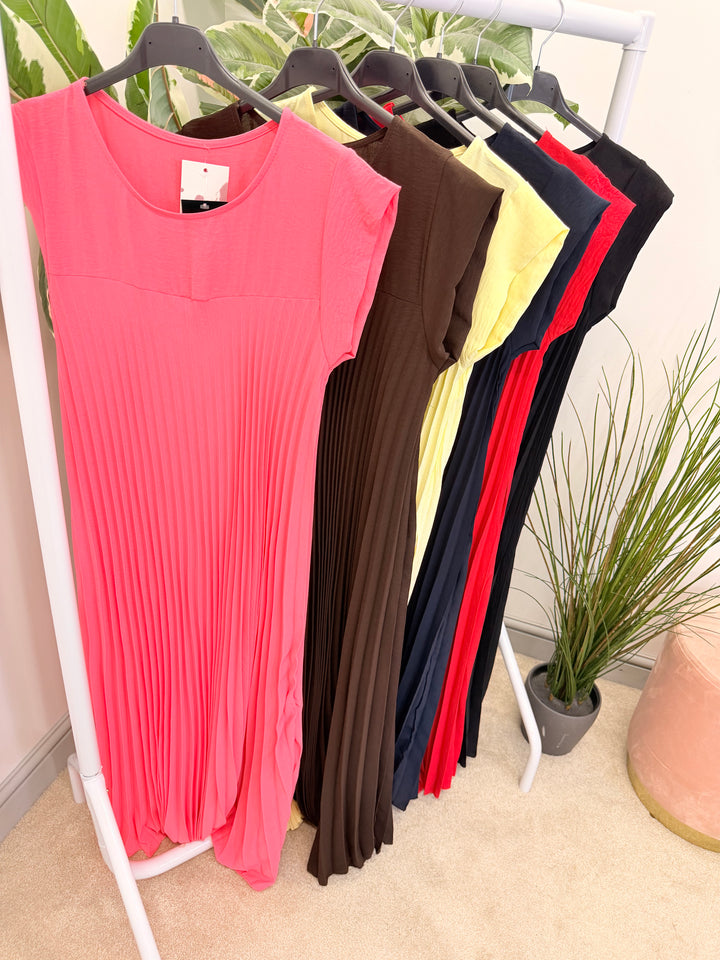 Ladies Fashion Pleated Maxi Dress - Black, Navy, Red, Lemon, Pink, Raspberry