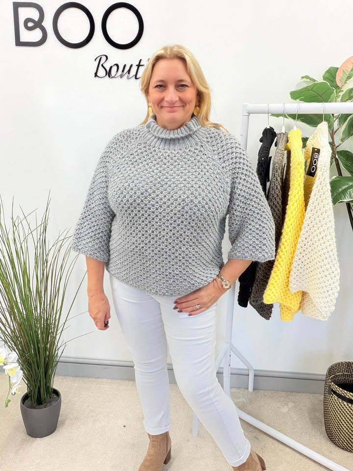 LADIES CHUNKY WAFFLE KNIT JUMPER - LEMON, BEIGE, BLACK, MOCHA & GREY
