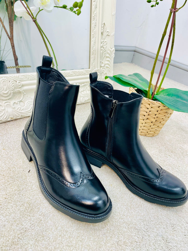 LADIES FASHION BLACK BROGUE ANKLE BOOTS 