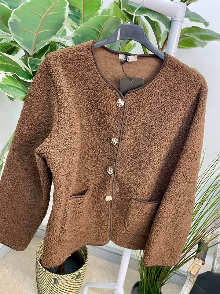 LADIES BOUCLE BOLERO JACKET - CREAM, BEIGE, BLACK, BROWN, KHAKI