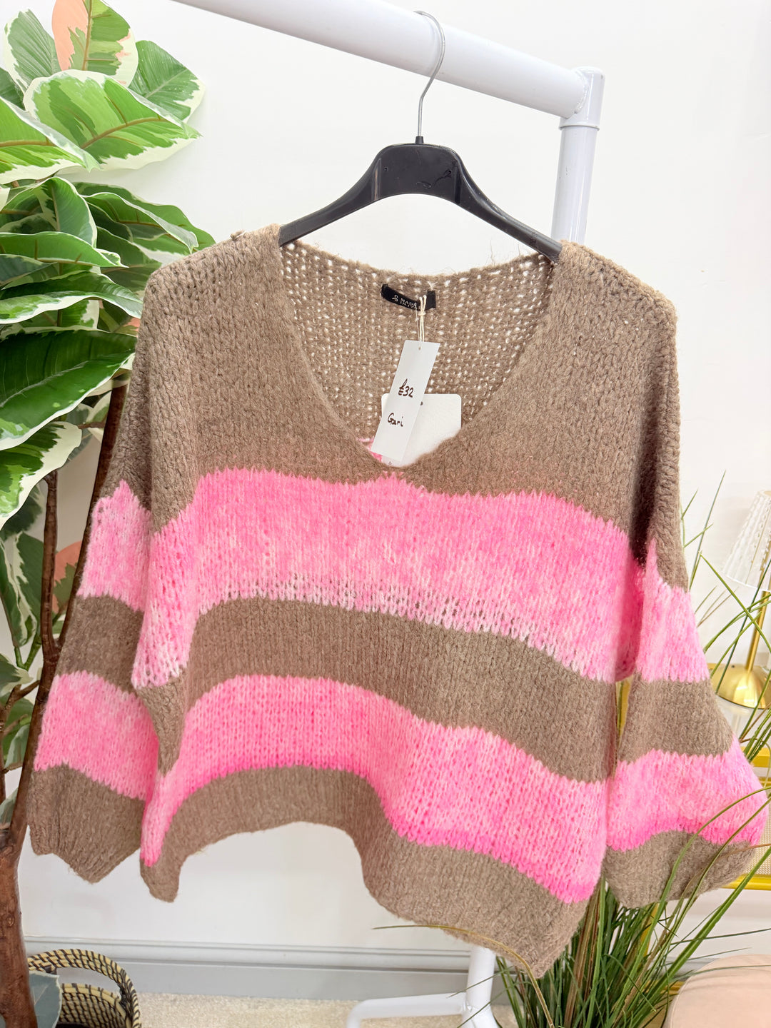 Ladies Fashion Stripe Slouch Chunky Knit Jumper - Mocha, Grey & Beige