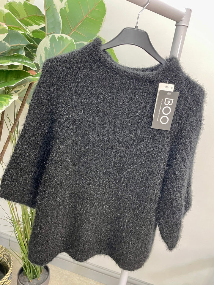 LADIES FLUFFY SHORT SLEEVE JUMPER - BROWN, BLACK, BEIGE, BLUE, BURGUNDY, MOCHA