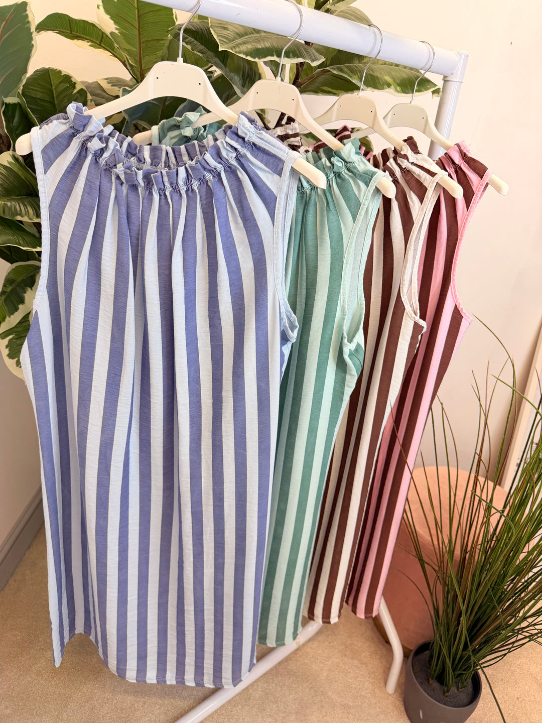 Ladies Candy Stripe High Neck Summer Sun Dress - Brown, Blue, Mint & Pink
