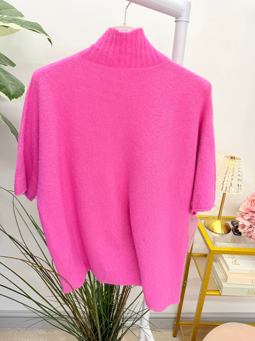 Ladies Fashion High Neck Soft Knit Short Sleeve Jumper fuschia pink